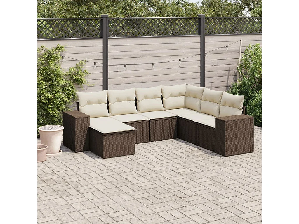 7-tlg. Garten-Sofagarnitur mit Kissen Braun Poly Rattan