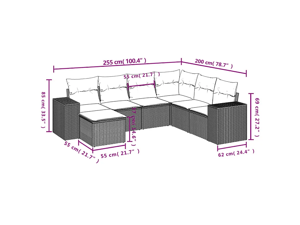 7-delige Loungeset met kussens poly rattan bruin