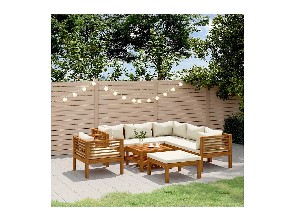 8 pcs conjunto lounge jardim c/ almofadões creme acácia maciça