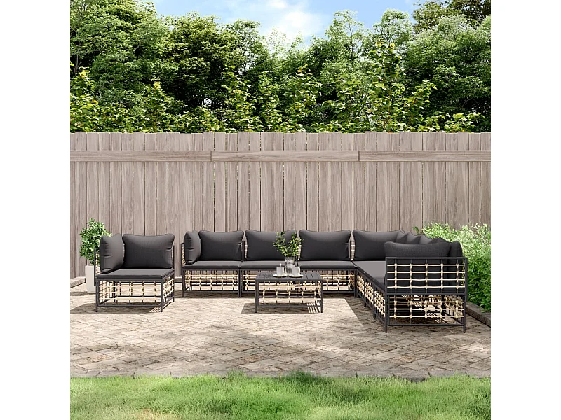 Set Divani da Giardino 9 pz con Cuscini Antracite in Polyrattan