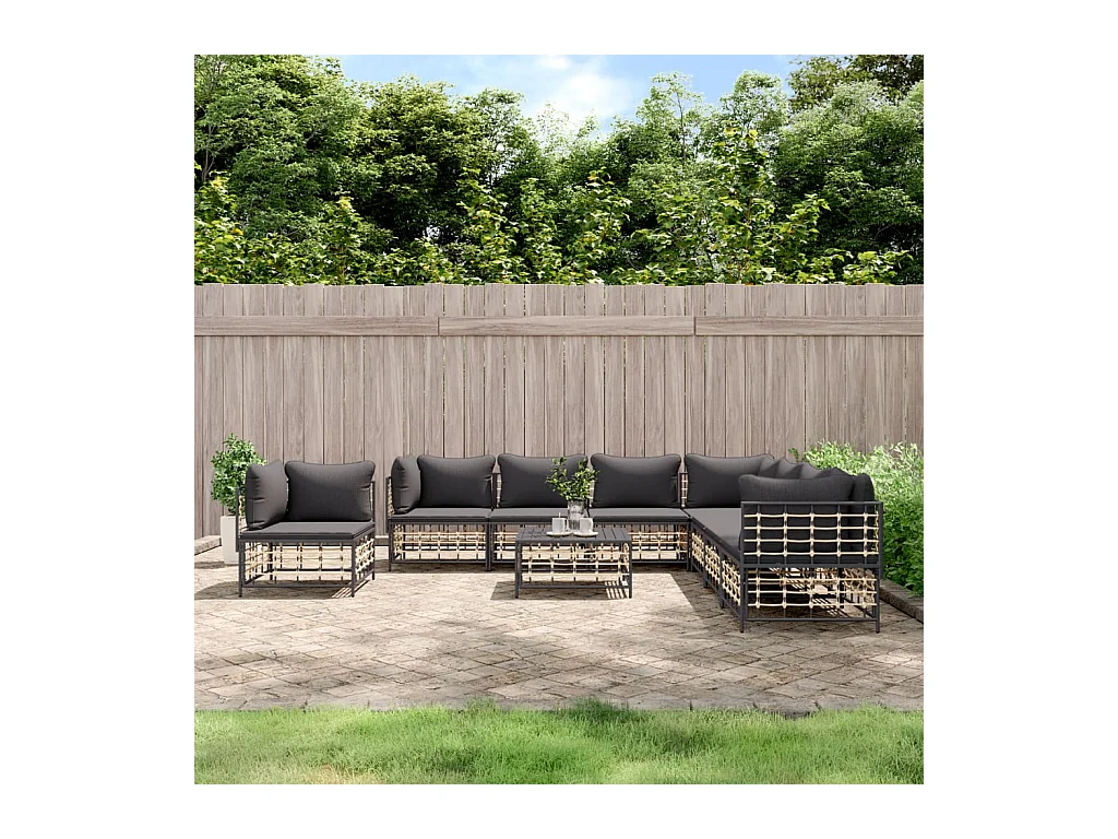 Salon de jardin 9 pcs avec coussins anthracite résine tressée