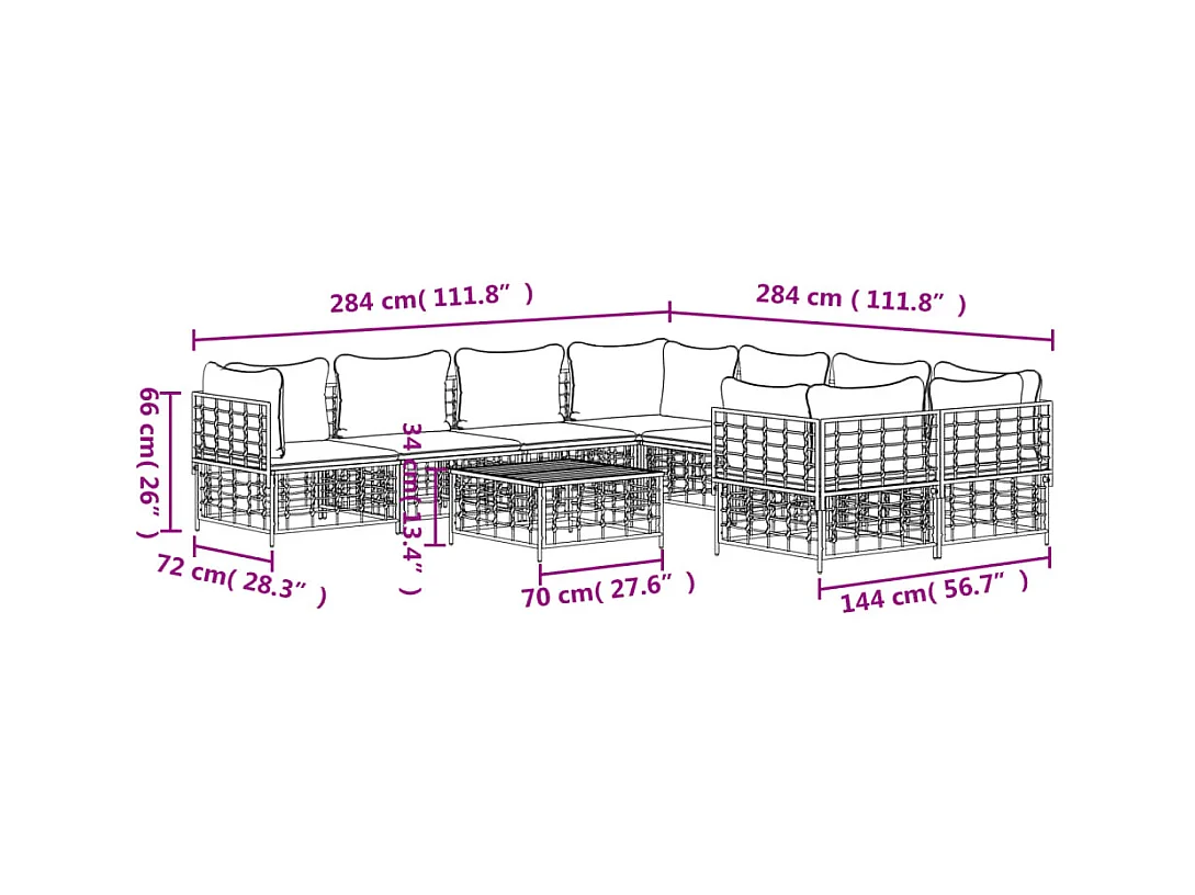 Salon de jardin 9 pcs avec coussins anthracite résine tressée