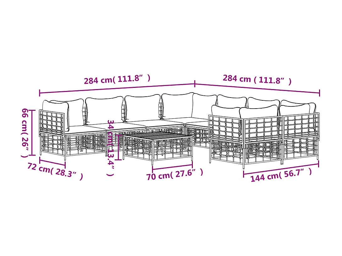 Salon de jardin 9 pcs avec coussins anthracite résine tressée