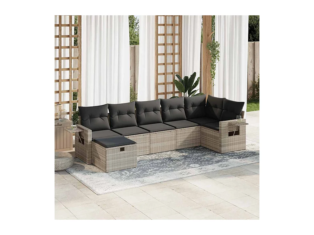 Set Divani da Giardino 7pz con Cuscini Grigio Chiaro Polyrattan