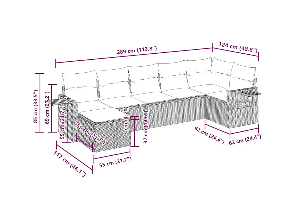 Set Divani da Giardino 7pz con Cuscini Grigio Chiaro Polyrattan