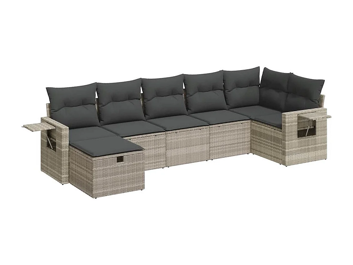 7-tlg. Garten-Sofagarnitur mit Kissen Hellgrau Poly Rattan