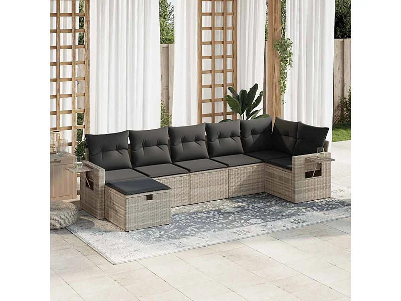 Set Divani da Giardino 7pz con Cuscini Grigio Chiaro Polyrattan