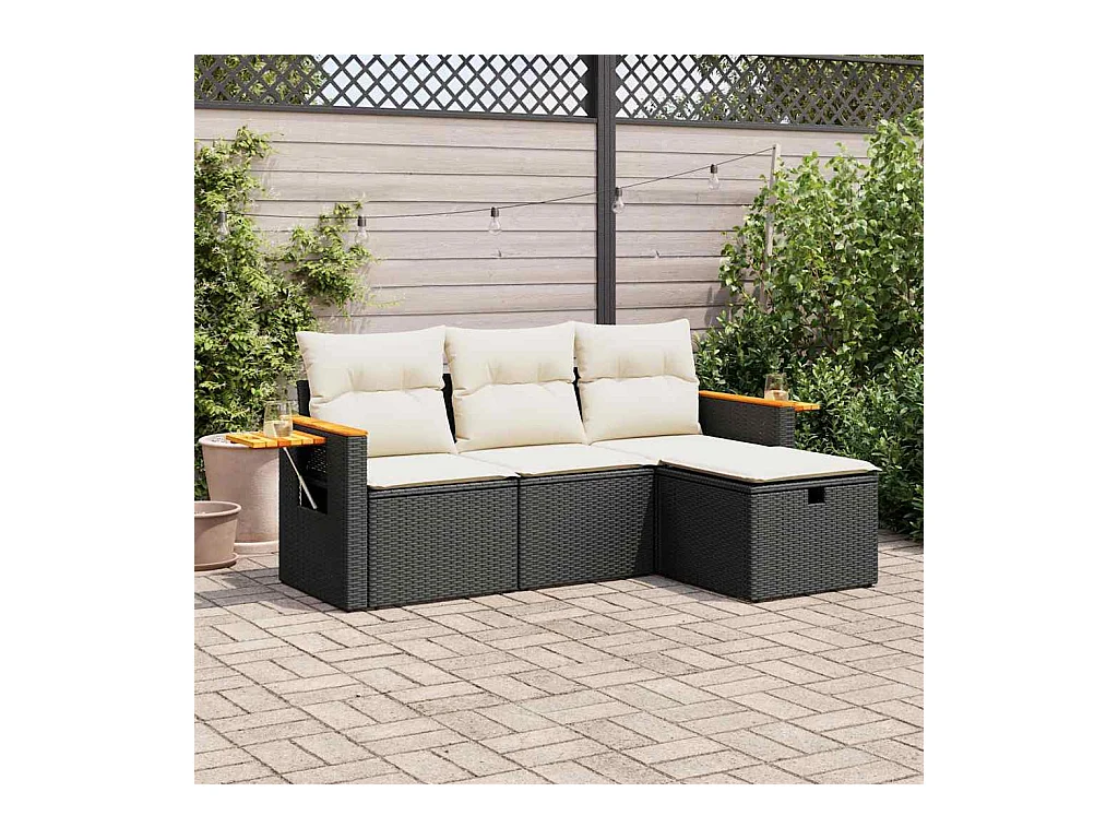 Salon de jardin 4 pcs avec coussins noir résine tressée