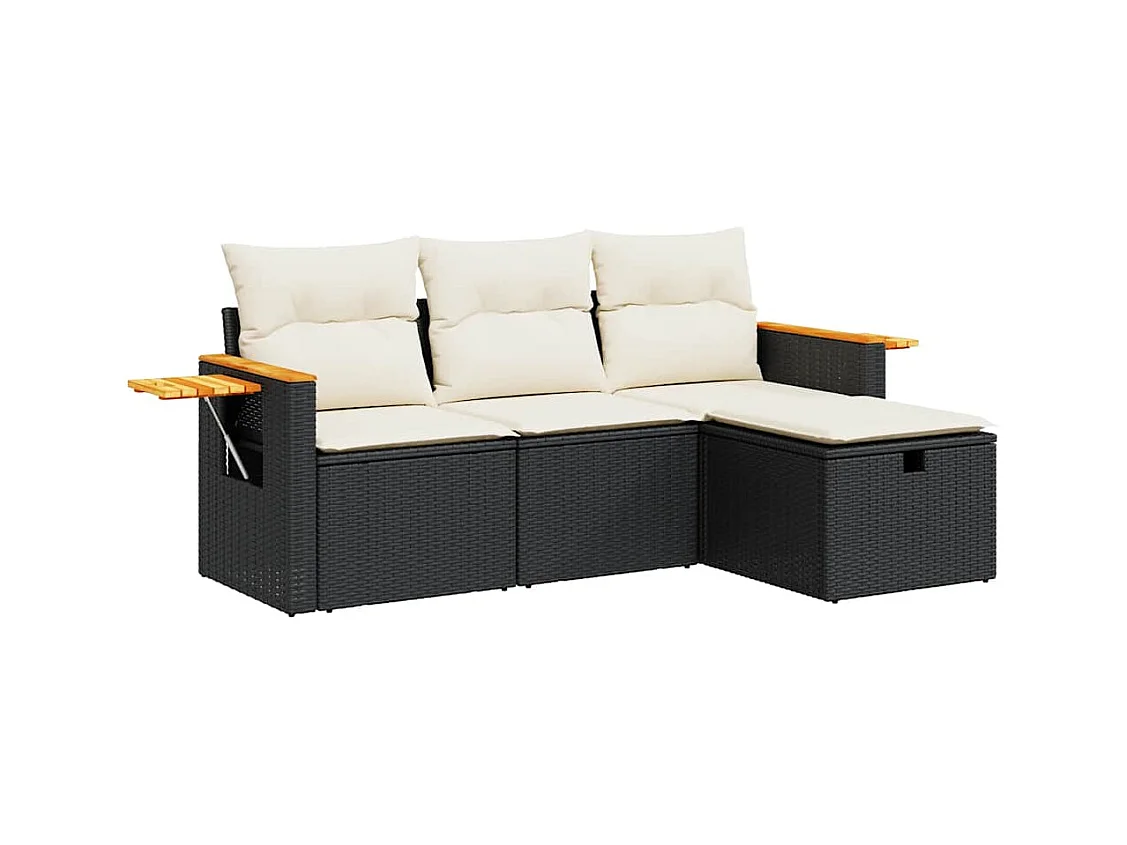 Salon de jardin 4 pcs avec coussins noir résine tressée