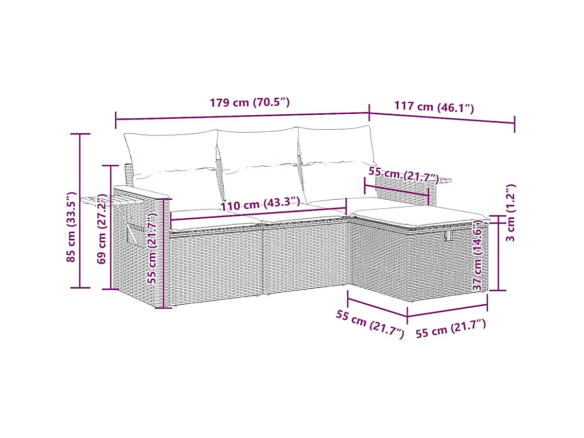 Salon de jardin 4 pcs avec coussins noir résine tressée