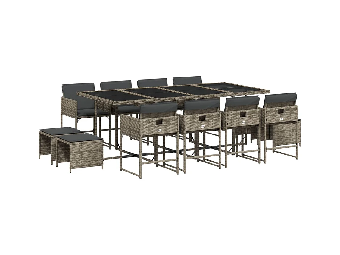 Ensemble à manger de jardin coussins 13 pcs gris résine tressée