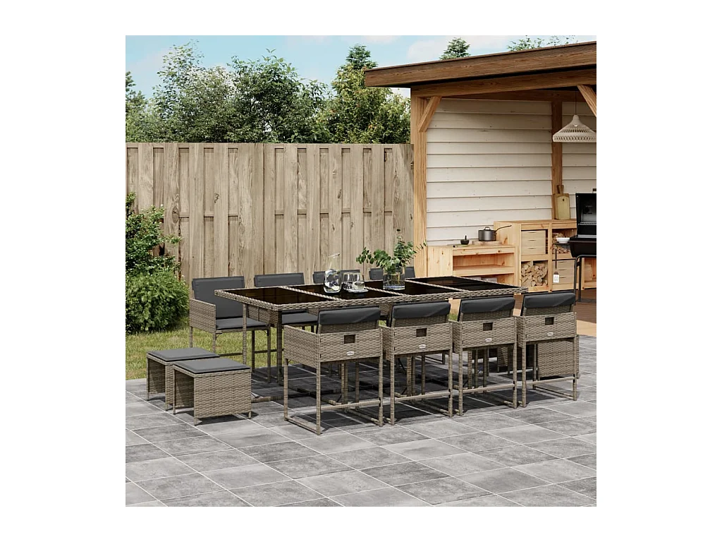 13-tlg. Garten-Essgruppe mit Kissen Grau Poly Rattan