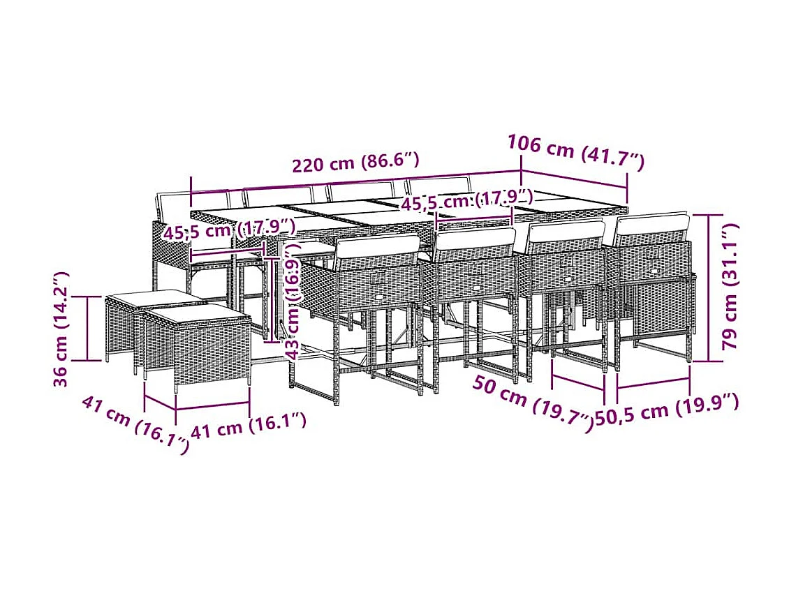 Set da Pranzo da Giardino 13pz con Cuscini Grigio in Polyrattan