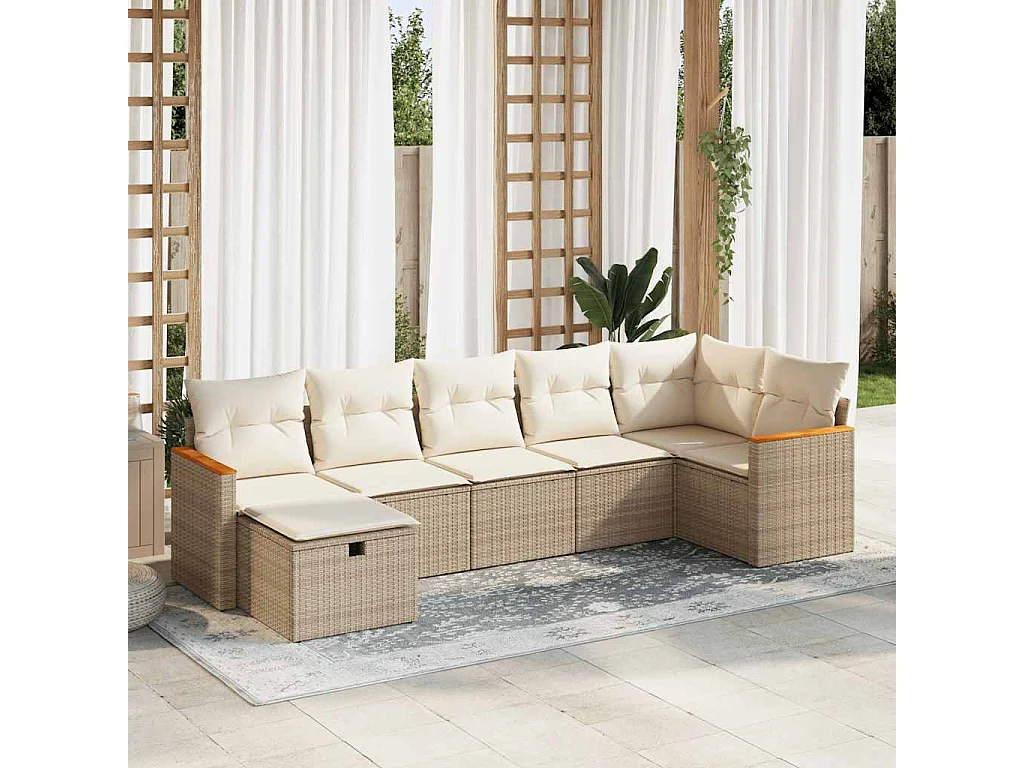 Salon de jardin avec coussins 7 pcs beige résine tressée