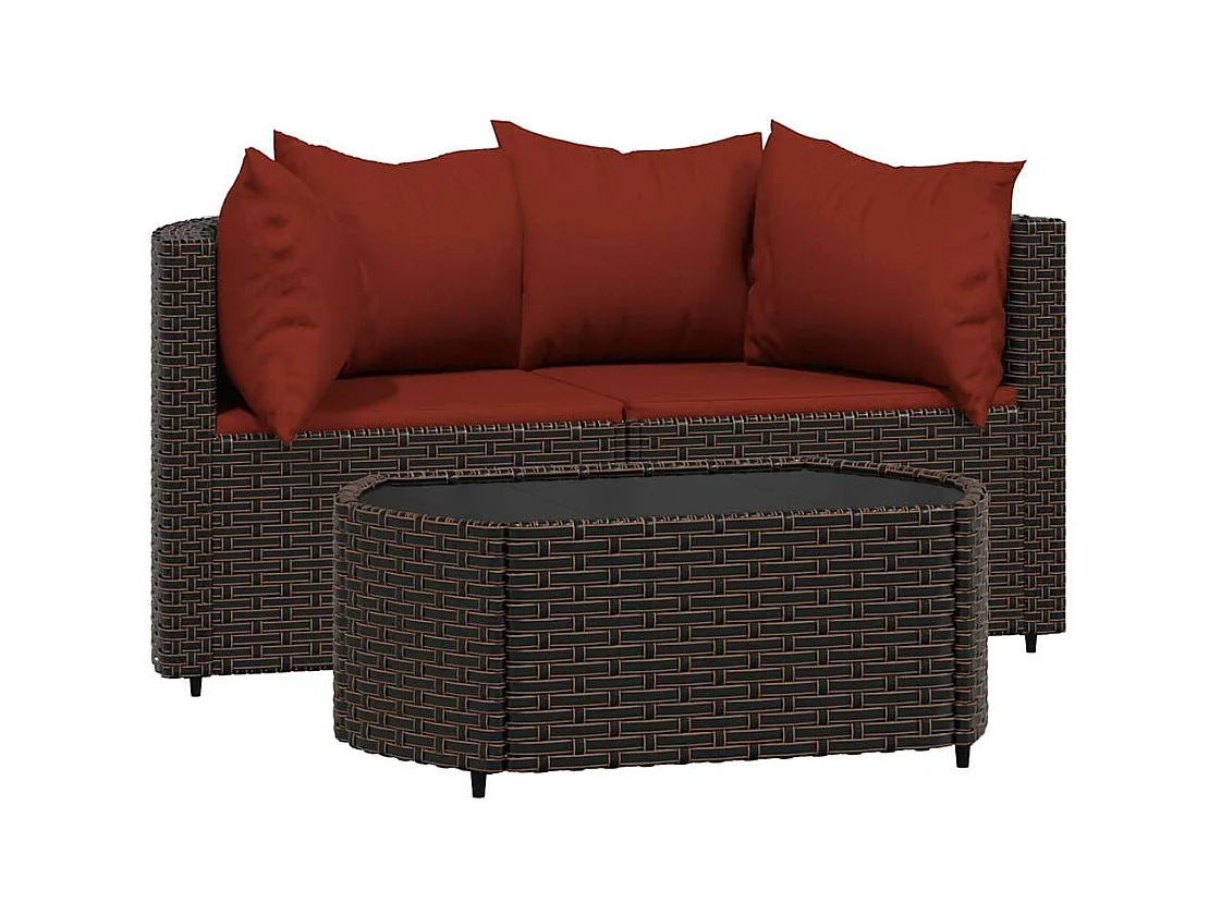 3-delige Loungeset met kussens poly rattan bruin