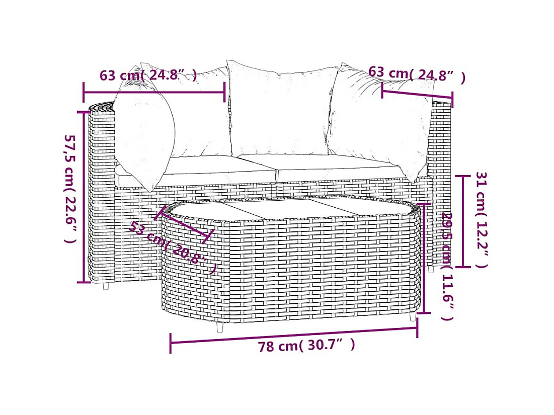 3-delige Loungeset met kussens poly rattan bruin