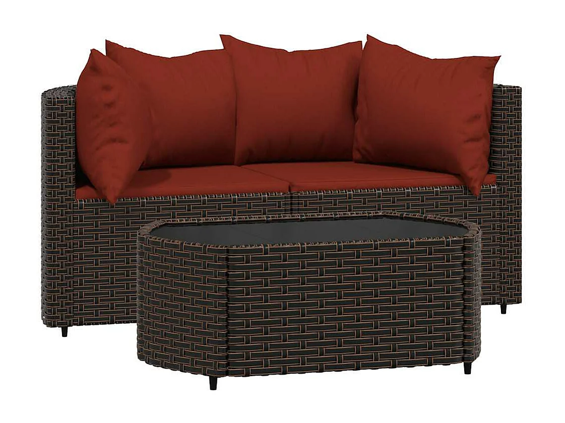 Salon de jardin 3 pcs avec coussins marron résine tressée