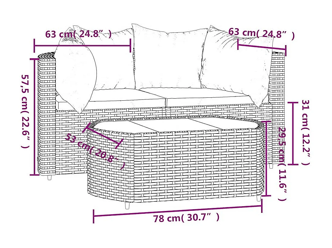 Salon de jardin 3 pcs avec coussins marron résine tressée