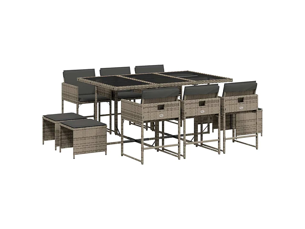 Ensemble à manger de jardin 11pcs avec coussins gris poly rotin