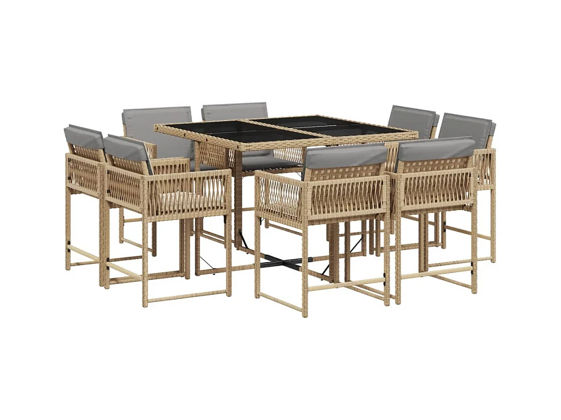 Set Pranzo da Giardino 9 pz con Cuscini Beige Misto Polyrattan