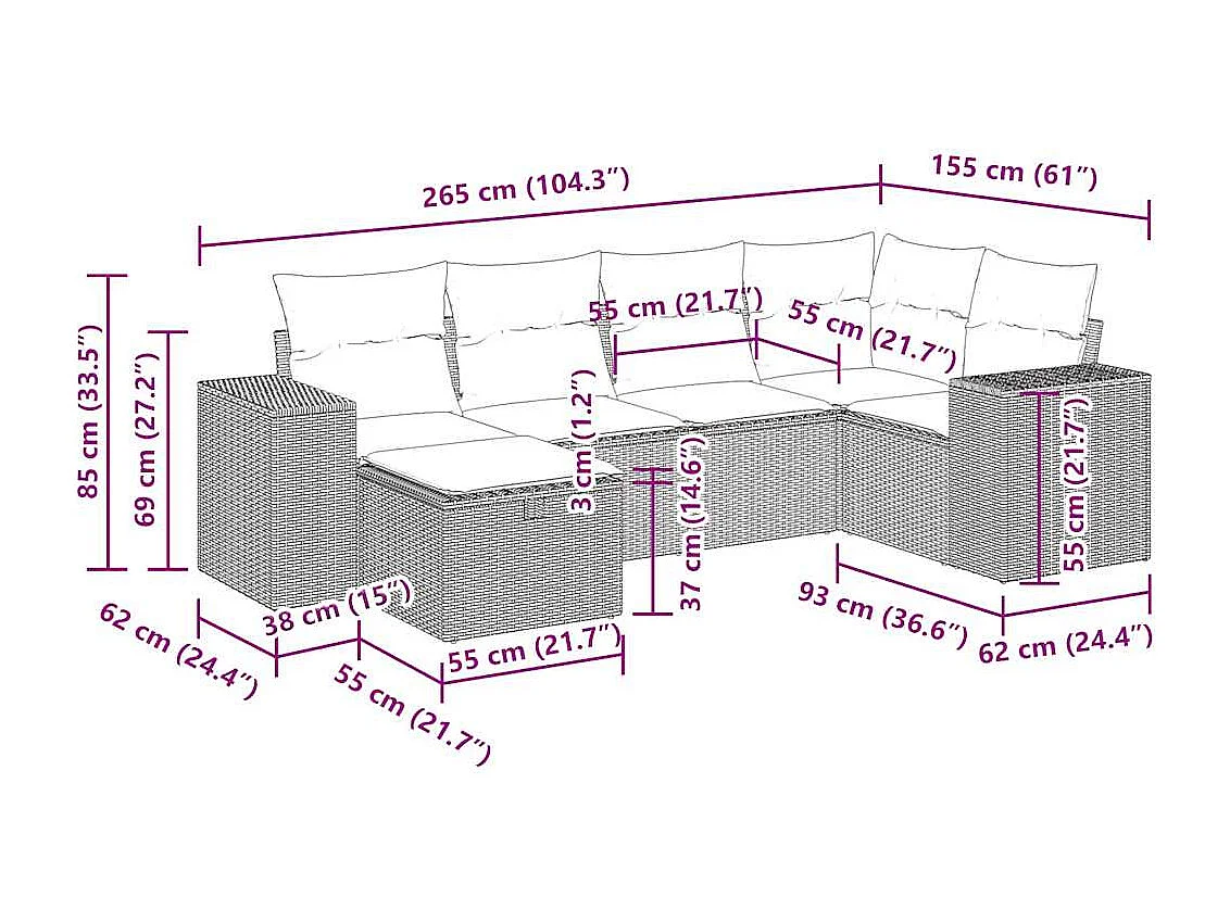 Set Divano da Giardino 6 pz con Cuscini Nero in Polyrattan