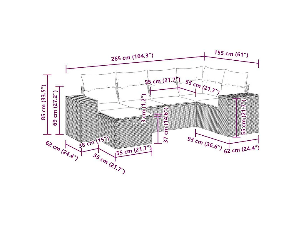 6-delige Loungeset met kussens poly rattan zwart