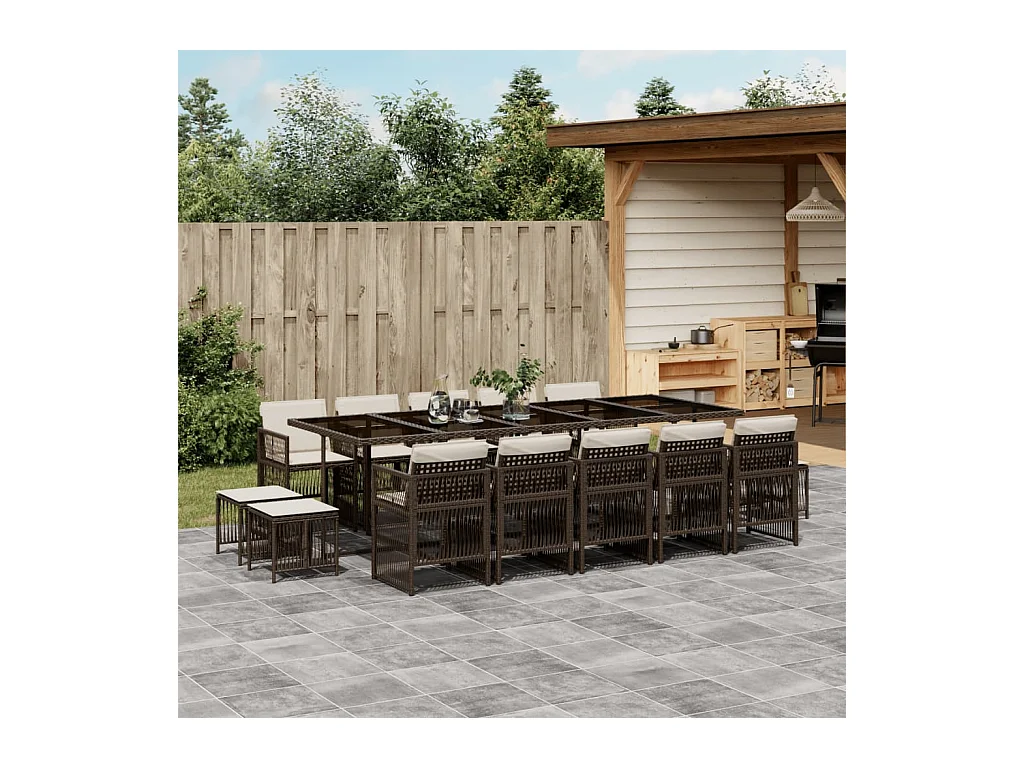 15-tlg. Garten-Essgruppe mit Kissen Braun Poly Rattan