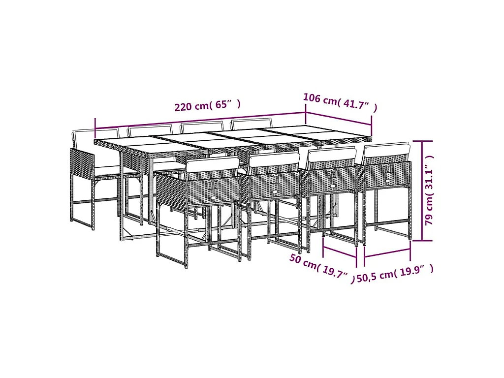 Ensemble à manger de jardin 9pcs coussins noir résine tressée