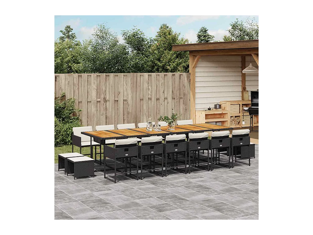 17 pcs conjunto de jantar p/ jardim c/ almofadões vime PE preto