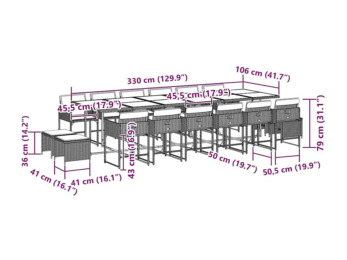 17 pcs conjunto de jantar p/ jardim c/ almofadões vime PE preto