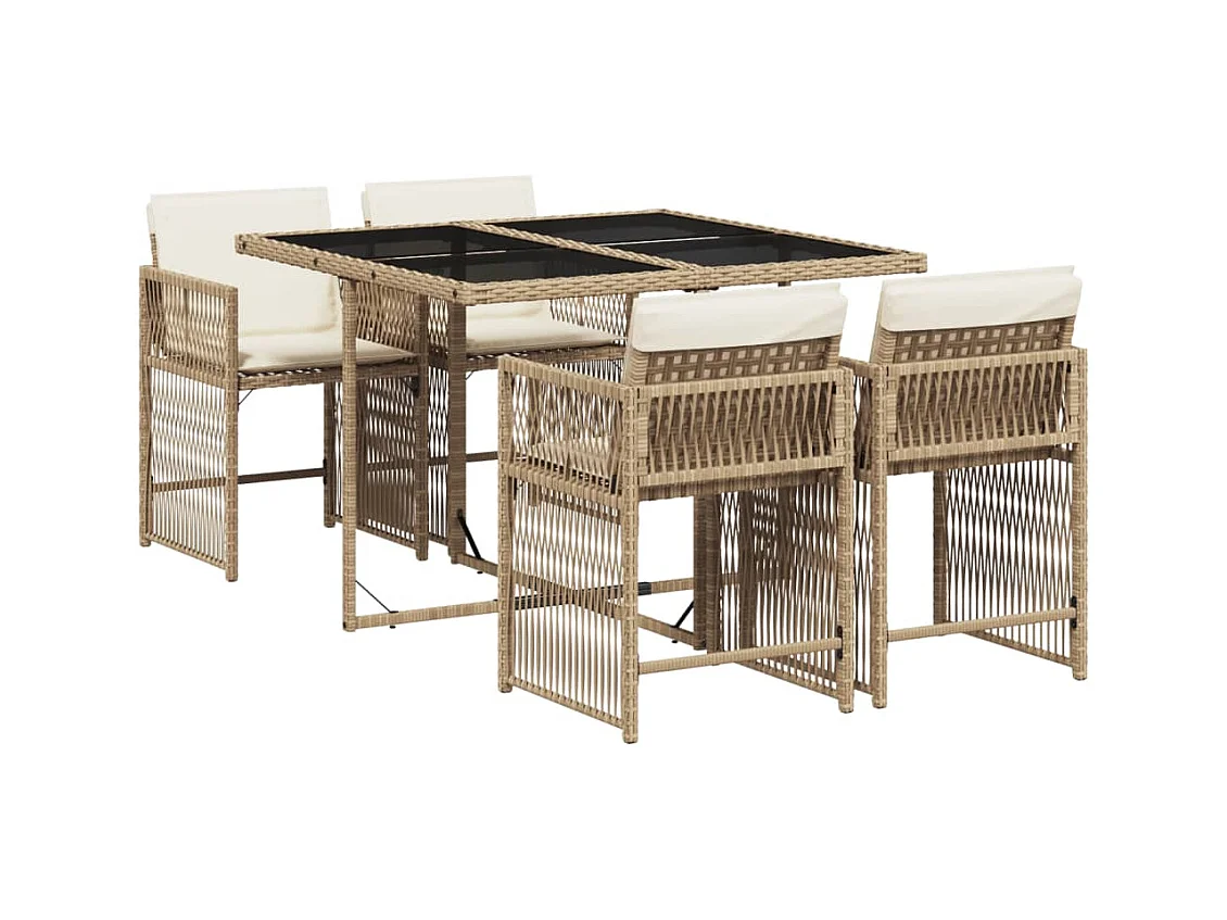 5-tlg. Garten-Essgruppe mit Kissen Beige Poly Rattan