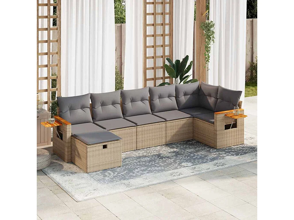 Set Divani da Giardino 7 pz con Cuscini Beige in Polyrattan
