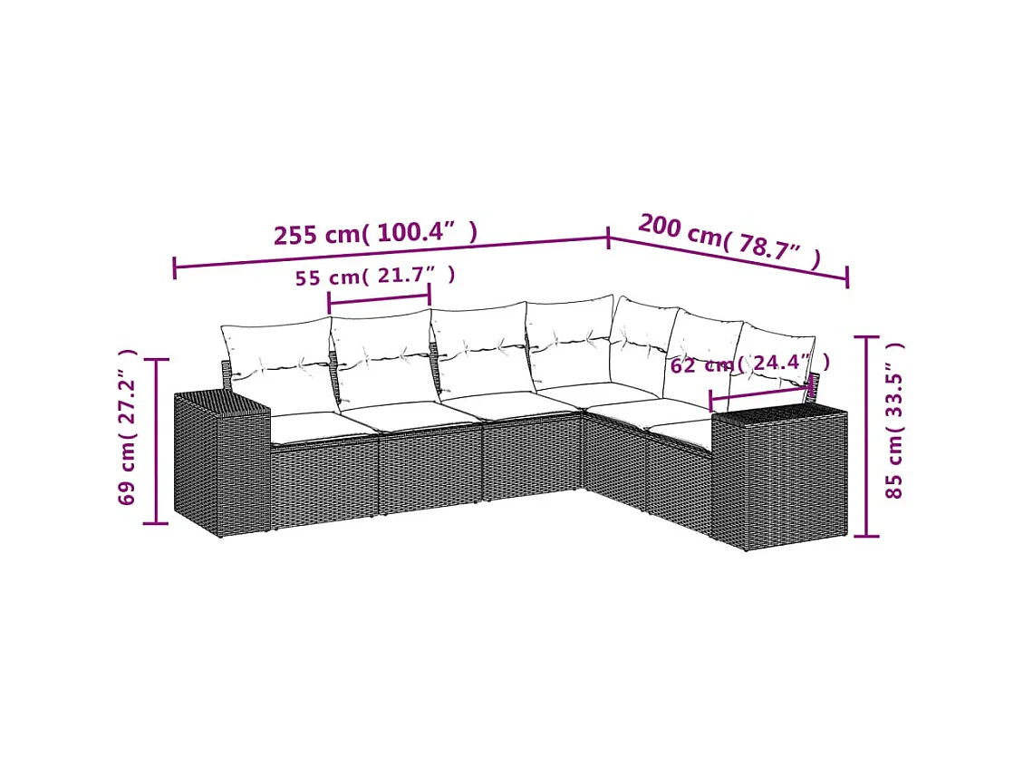 6-delige Loungeset met kussens poly rattan bruin