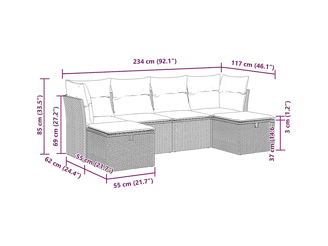Salon de jardin avec coussins 6 pcs marron résine tressée