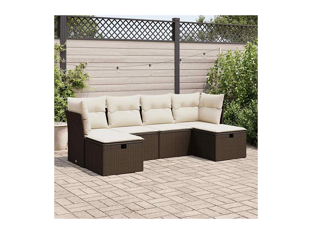 Set Divano da Giardino 6 pz con Cuscini Marrone in Polyrattan