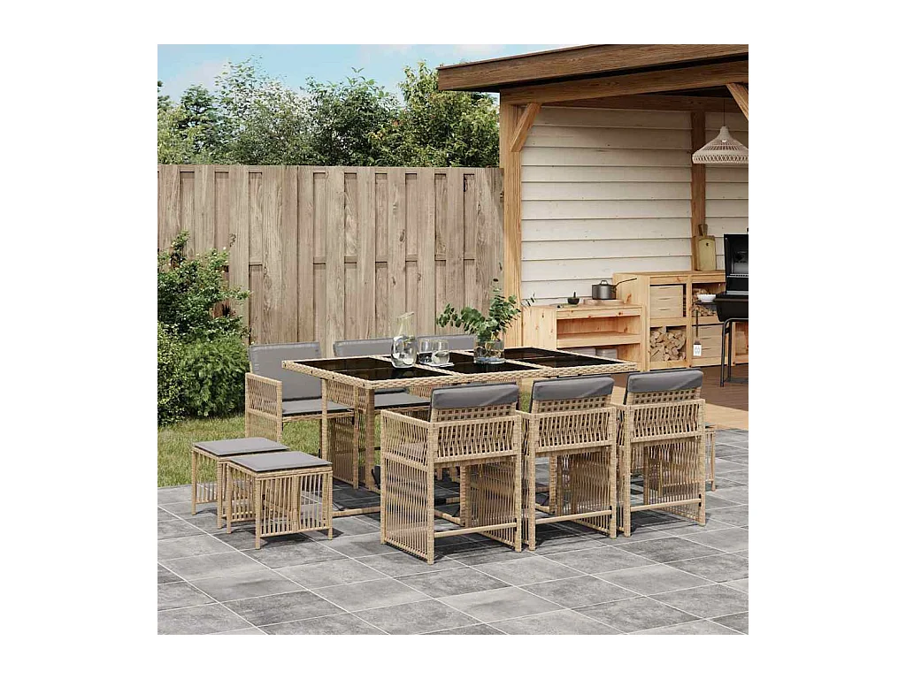 Ensemble à manger de jardin et coussins 11 pcs mélange beige