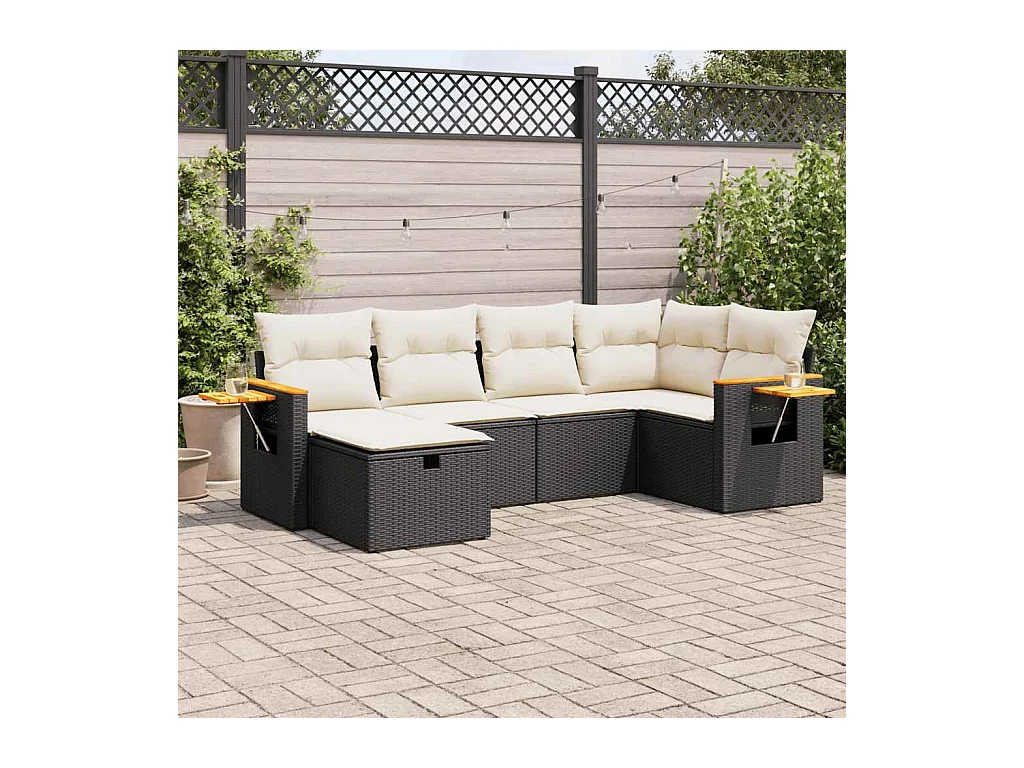 Salon de jardin 6 pcs avec coussins noir résine tressée