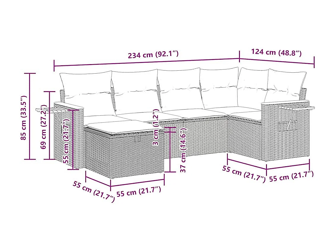 Set de sofás de jardín 6 piezas y cojines ratán sintético negro