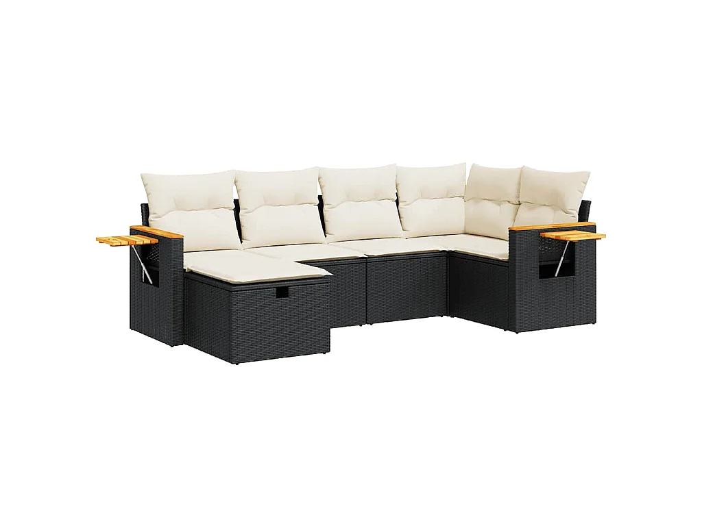 6-delige Loungeset met kussens poly rattan zwart