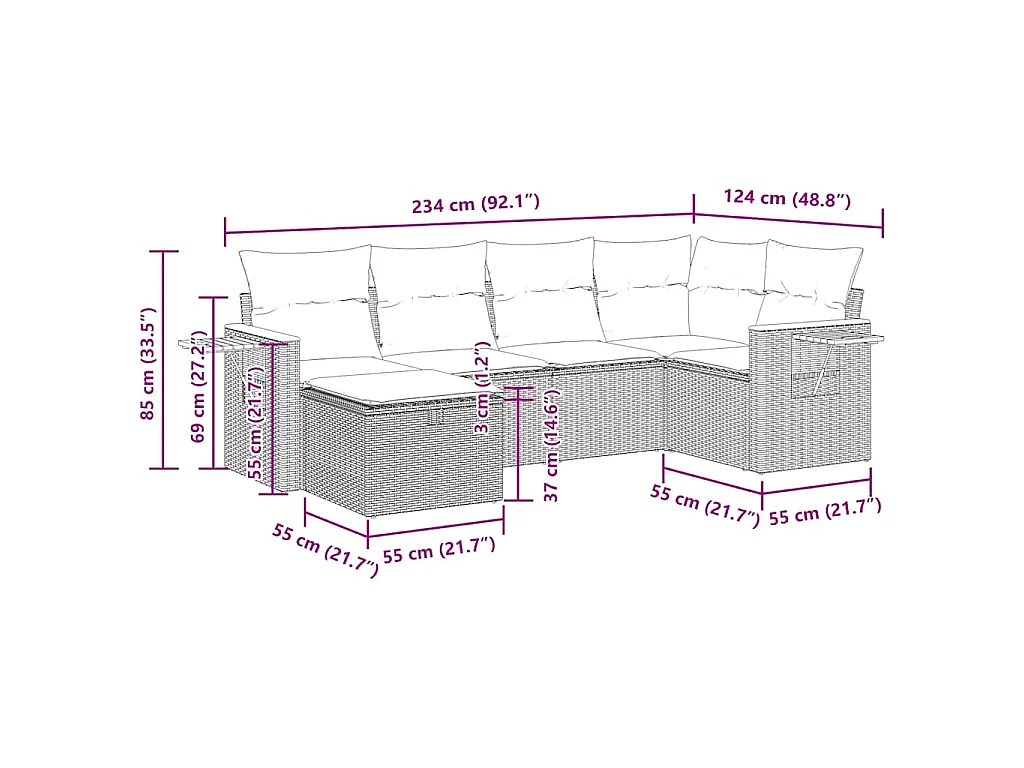 6-delige Loungeset met kussens poly rattan zwart