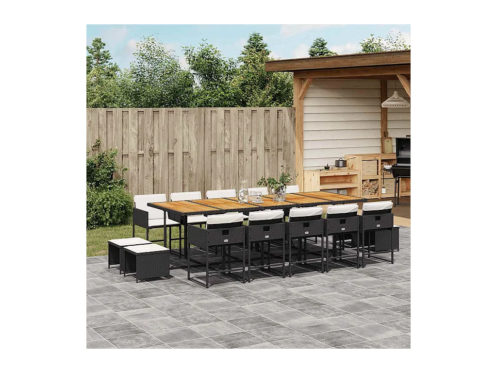 Set da Pranzo da Giardino 15 pz con Cuscini Nero in Polyrattan
