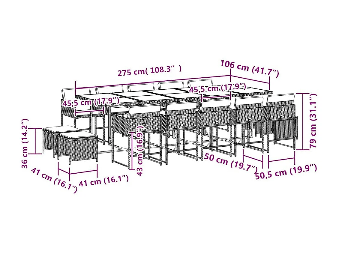 Set da Pranzo da Giardino 15 pz con Cuscini Nero in Polyrattan