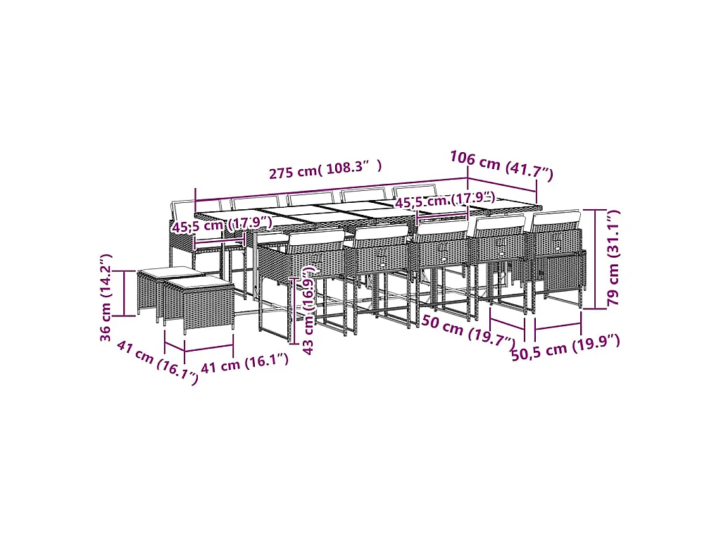 15-delige Tuinset met kussens poly rattan zwart