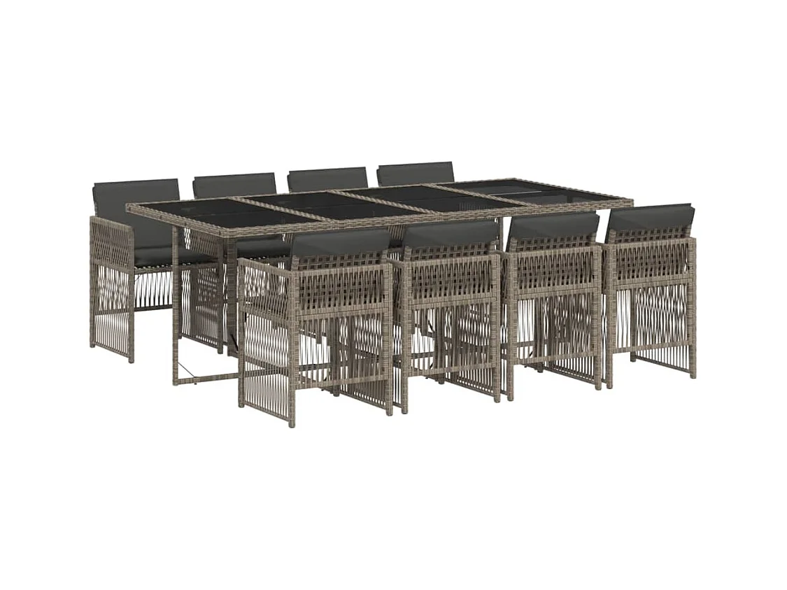 9 pcs conjunto de jantar p/ jardim c/ almofadões vime PE cinza