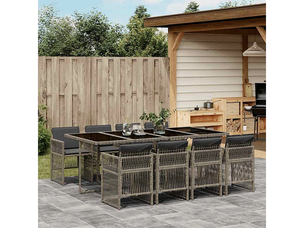 9-delige Tuinset met kussens poly rattan grijs
