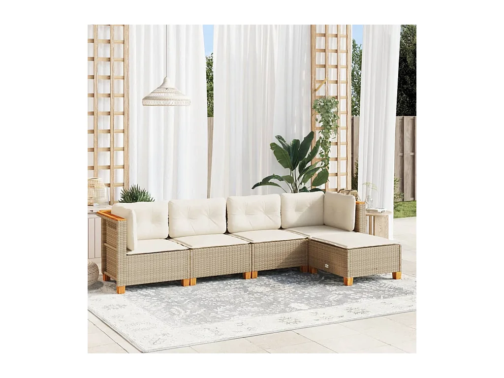 Set Divano da Giardino 5 pz con Cuscini Beige in Polyrattan