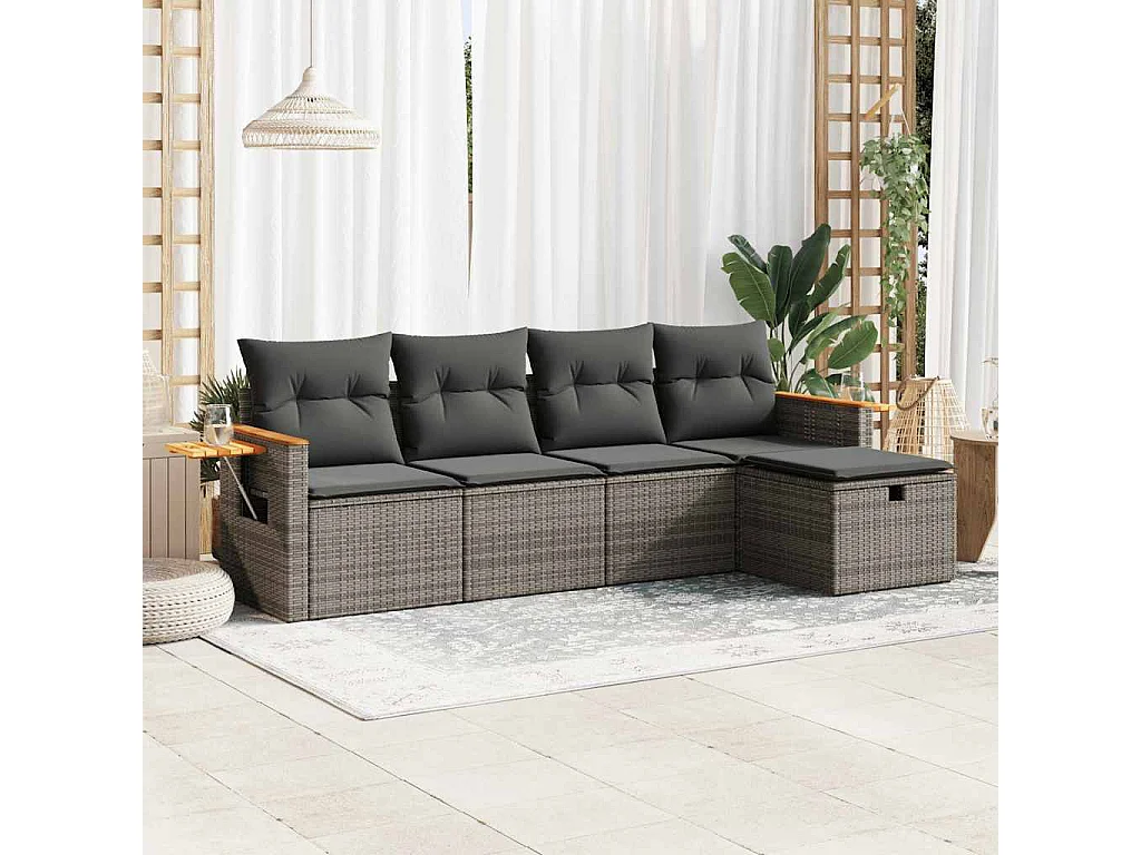 Set Divano da Giardino 5 pz con Cuscini Grigio in Polyrattan