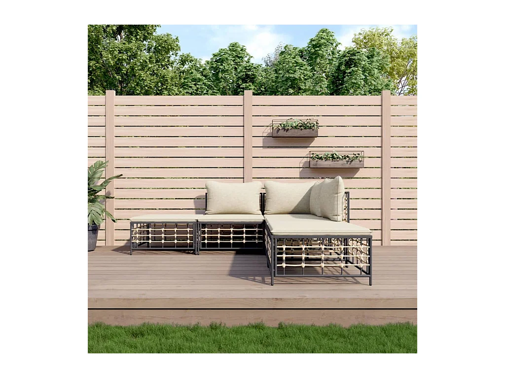 Salon de jardin 5 pcs avec coussins anthracite résine tressée