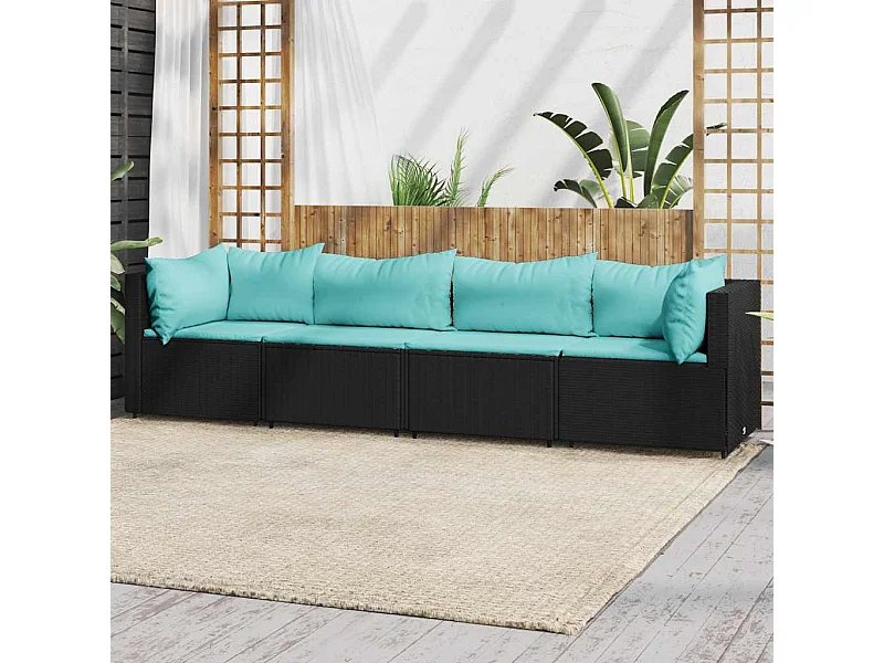 4-delige Loungeset met kussens poly rattan zwart