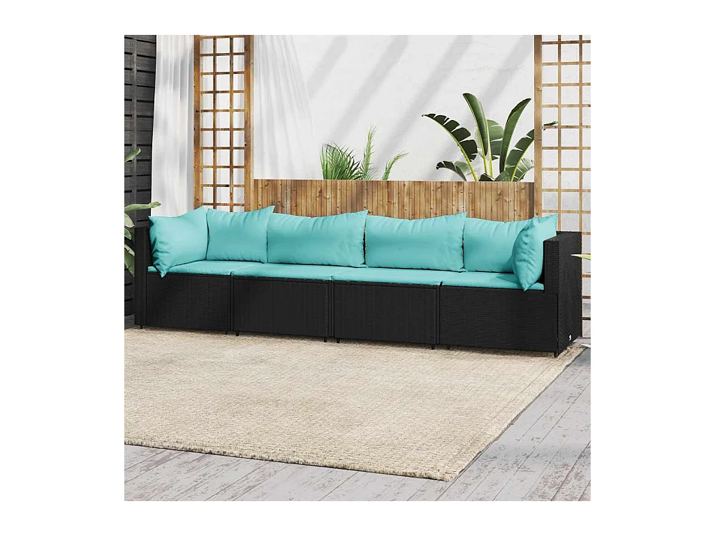 Salon de jardin 4 pcs avec coussins Noir Résine tressée
